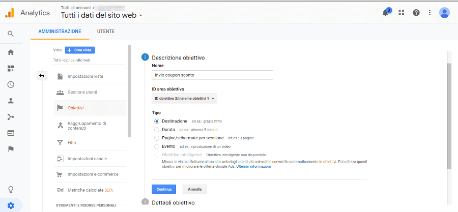 Google Analytics: creazione obiettivo passo 2