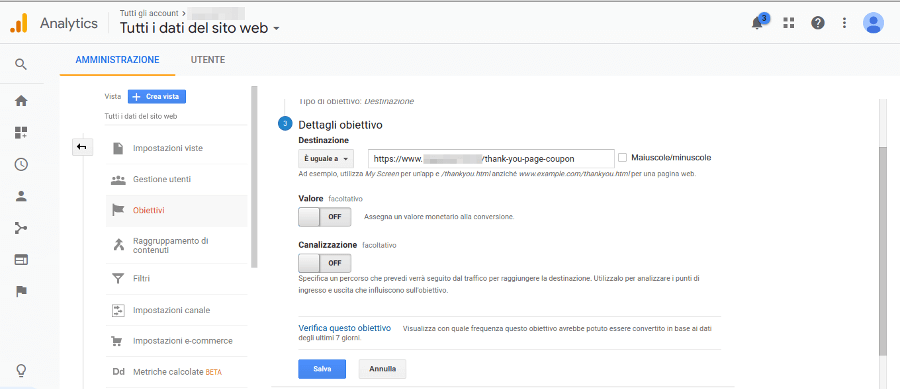 Google Analytics Obiettivo Destinazione