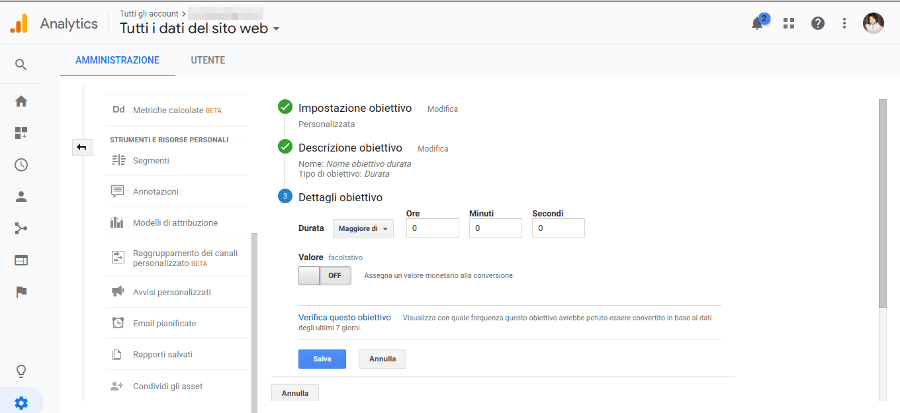 Google Analytics Obiettivo Eventi