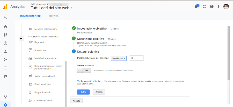 Google Analytics Obiettivo Pagine