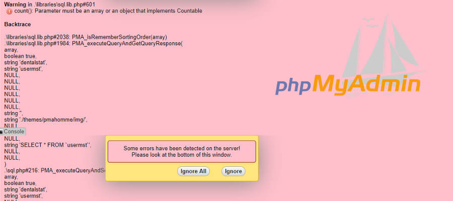 Errori phpmyadmin con php7
