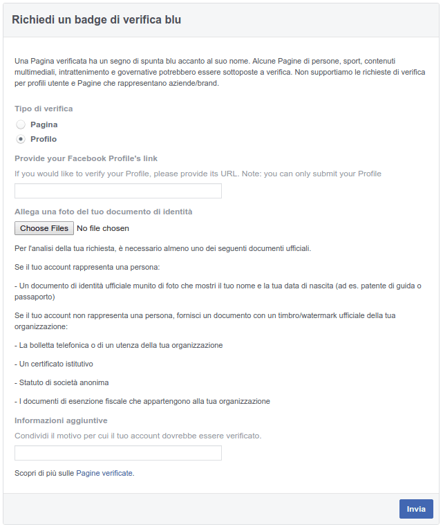 Modulo di richiesta del badge blu di verifica Facebook