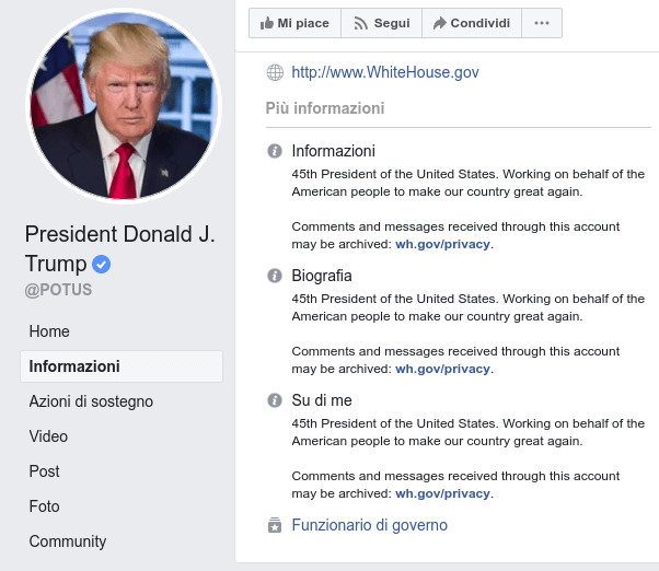 pagina facebook verificata di un candidato politico