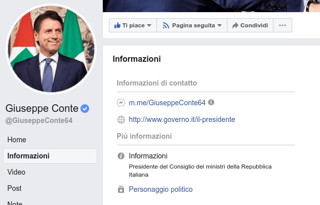 pagina facebook verificata di un politico