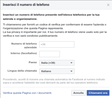 verifica pagina facebook via telefono