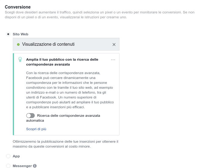 Obiettivo per conversione su campagna Facebook