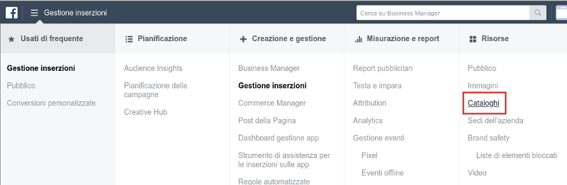 Menu catalogo in Gestione Inserzioni