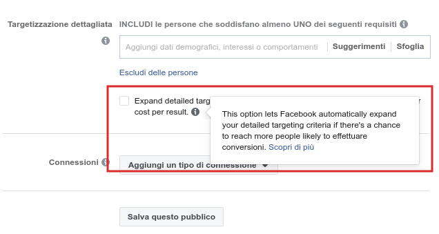 Rimozione spunta sull'aggiunta degli interessi Facebook