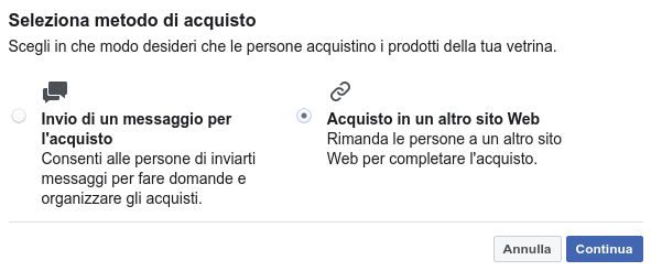 Metodo di acquisto prodotti sulla vetrina Facebook