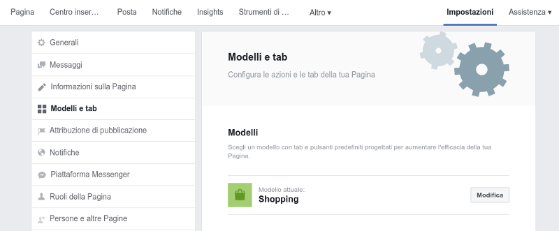 Attivazione modulo shopping sulla pagina Facebook