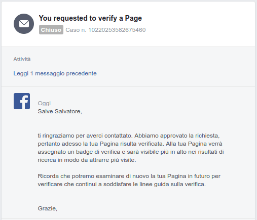 messaggio pagina facebook verificata