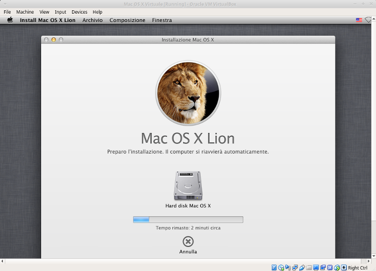 macchina virtuale mac installazione in corso