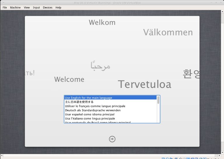 macchina virtuale mac scelta lingua installazione