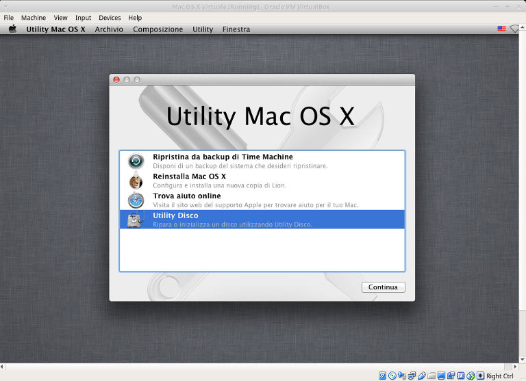 macchina virtuale mac utility disco