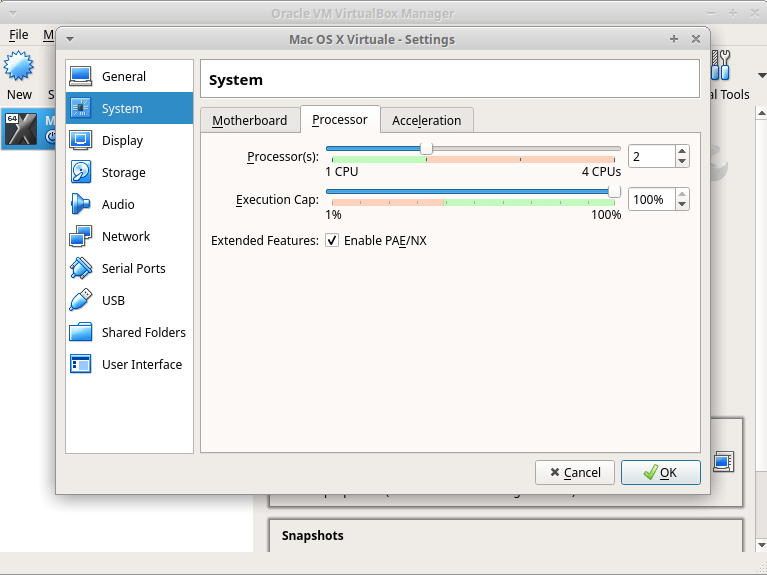 impostazioni cpu macchina virtuale mac