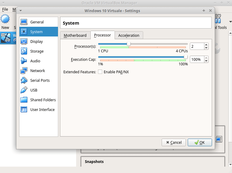 macchina virtuale windows configurazione CPU