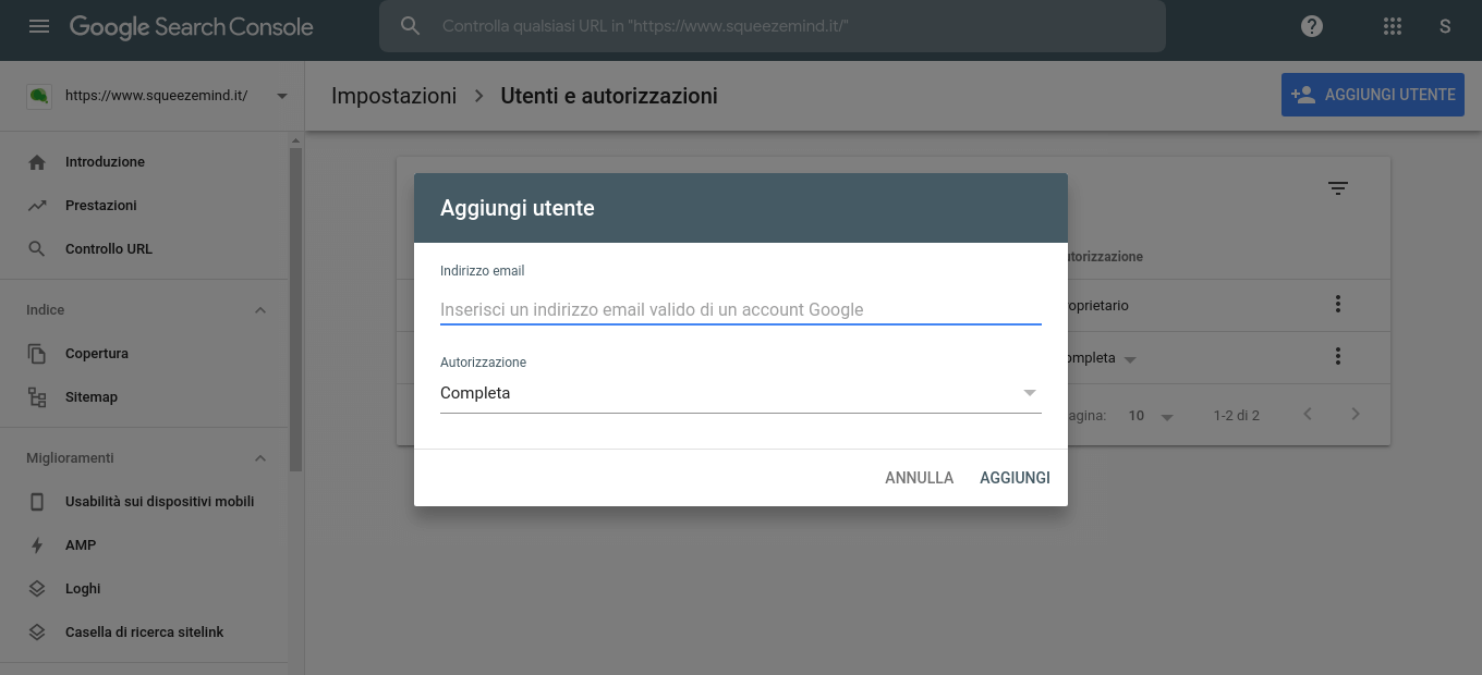 aggiunta utente su search console