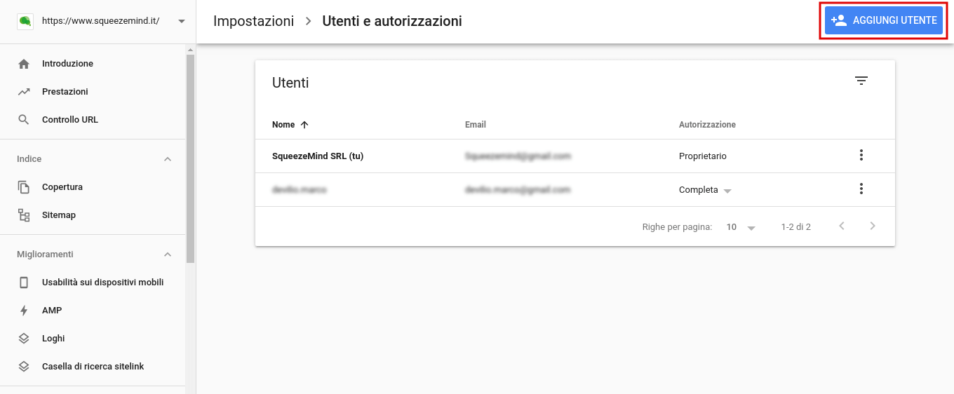 pagina autorizzazioni utenti search console