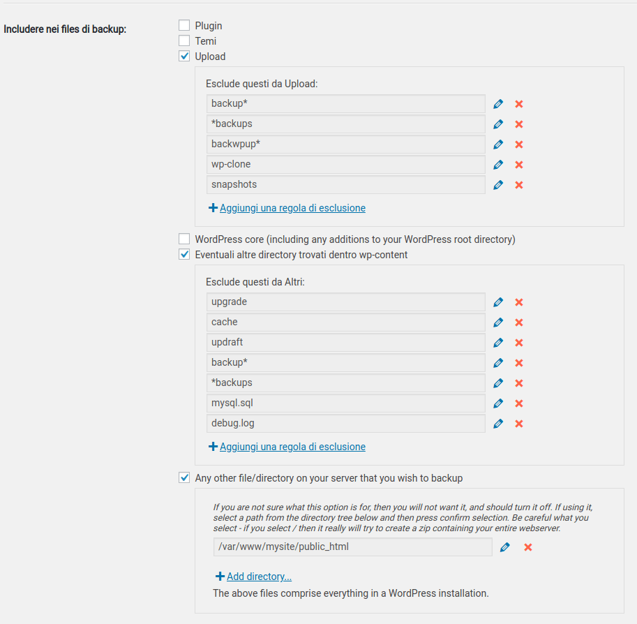 backup di file con politica backup con updraftplus per WordPress
